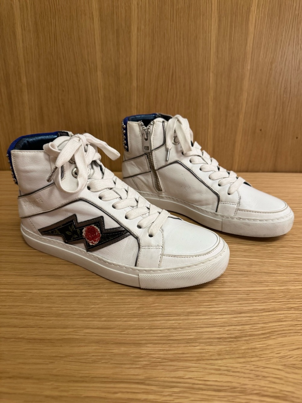 Zadig & Voltaire White Flash High-Top Sneakers with Rose Bolt Patch